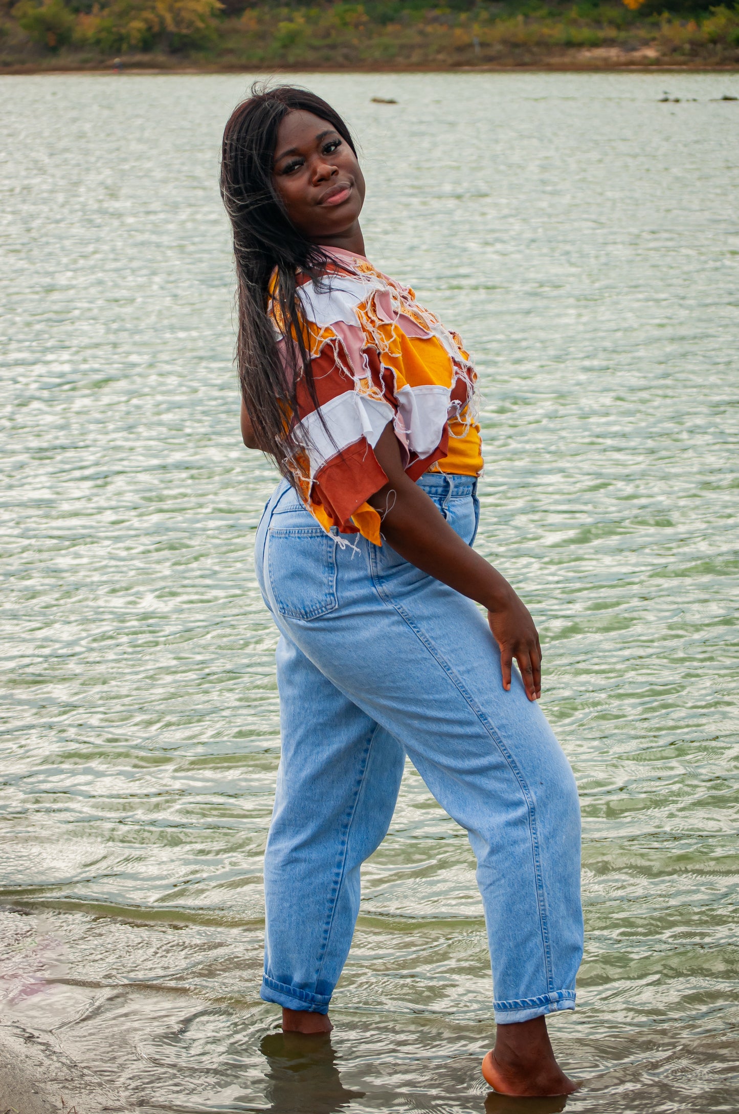 “Impossibly Stitched” One-sleeve over shoulder reverse seam top