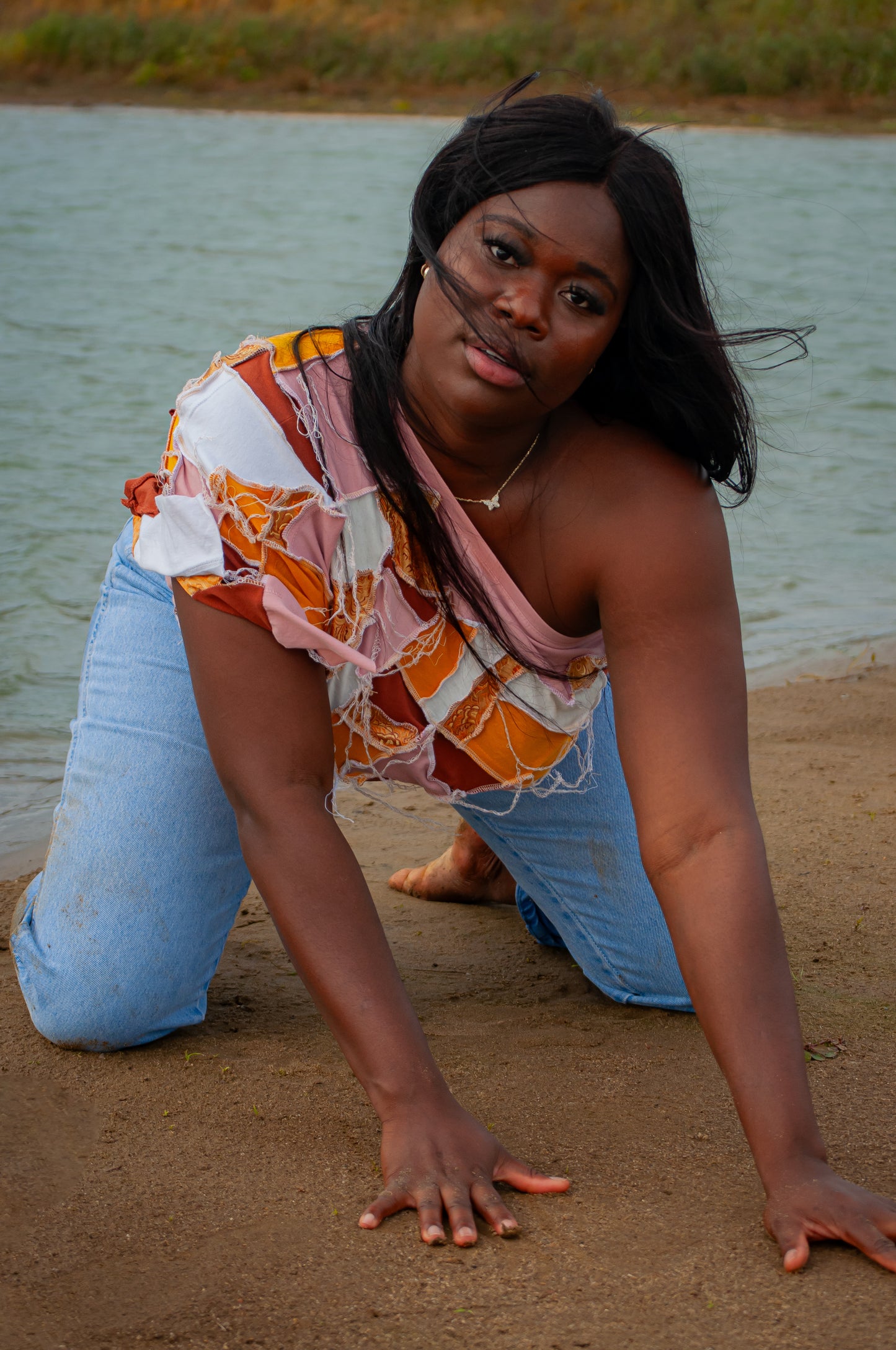 “Impossibly Stitched” One-sleeve over shoulder reverse seam top