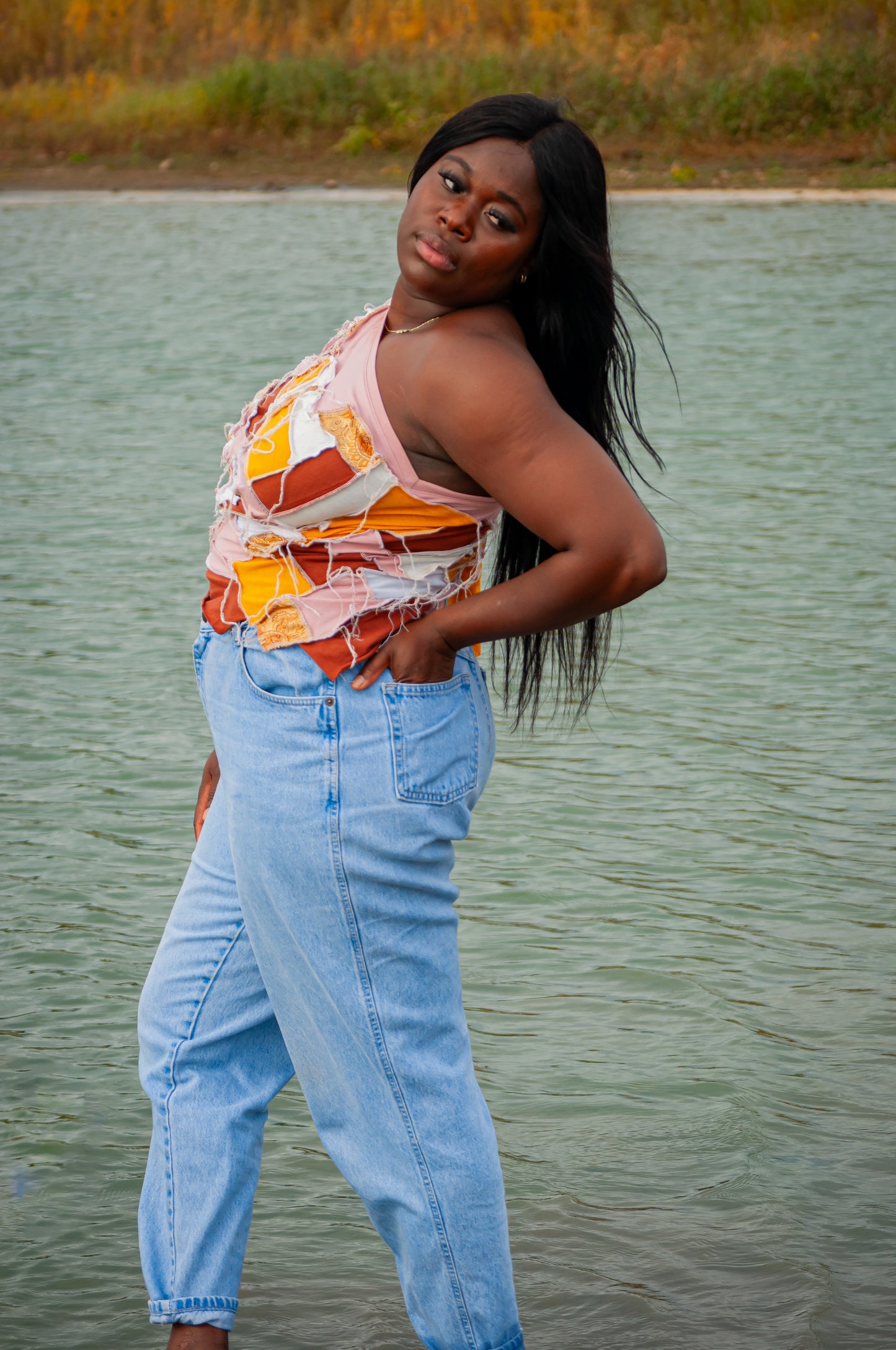 “Impossibly Stitched” One-sleeve over shoulder reverse seam top