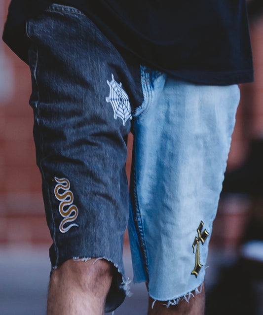 "Onyx and Indigo" Patchwork Denim Shorts