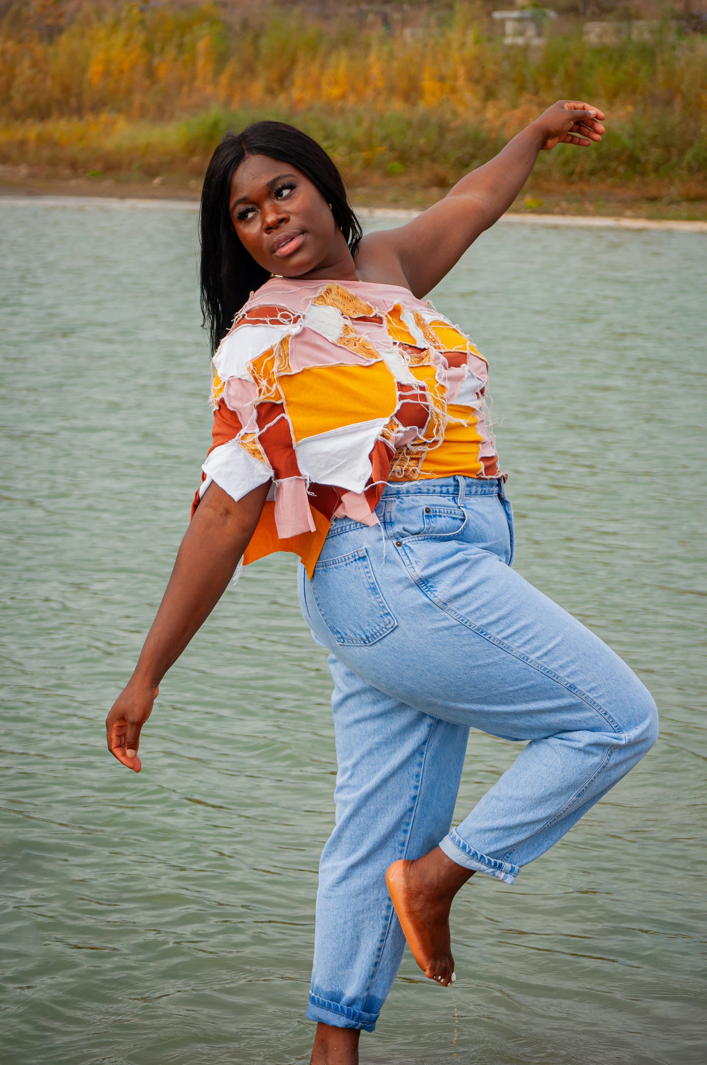 “Impossibly Stitched” One-sleeve over shoulder reverse seam top