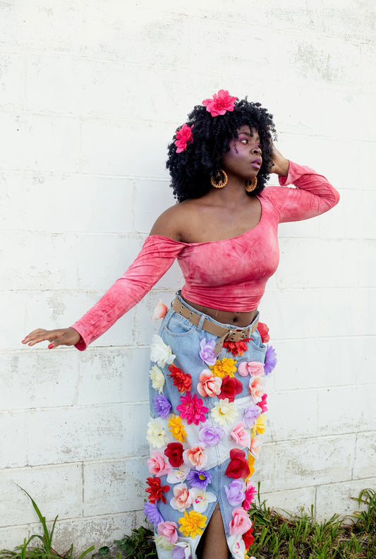 “Floral Fiend” Denim Maxi Skirt