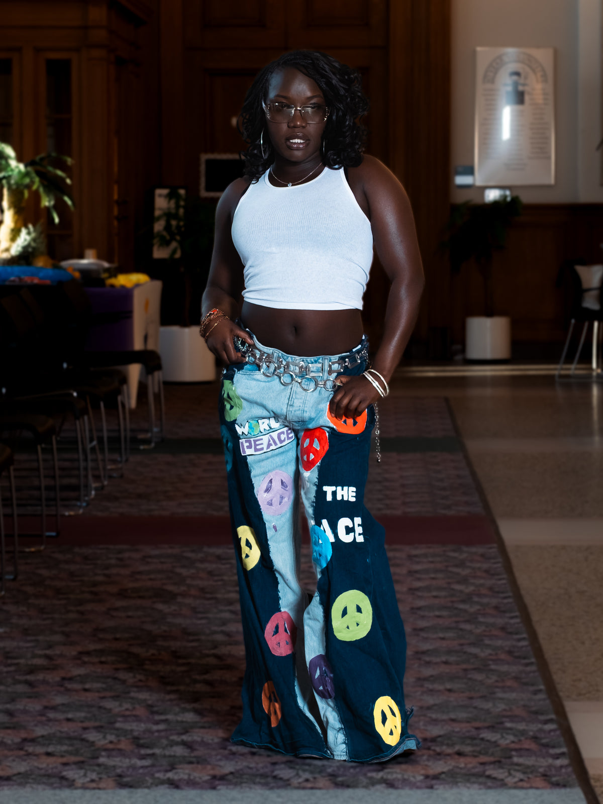 “World Peace” Upcycled Painted Denim Jeans