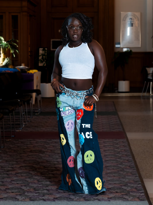 “World Peace” Upcycled Painted Denim Jeans