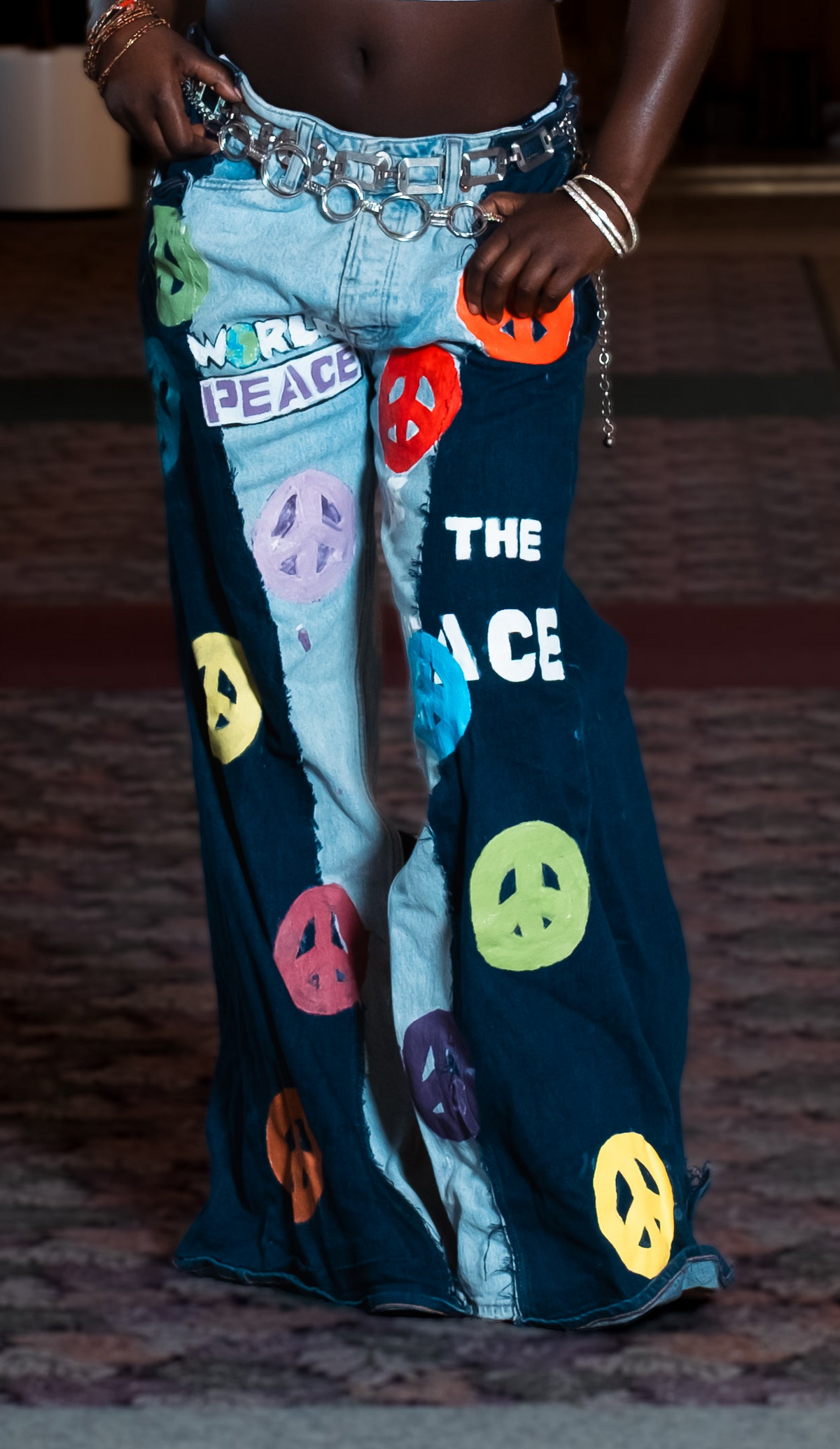 “World Peace” Upcycled Painted Denim Jeans