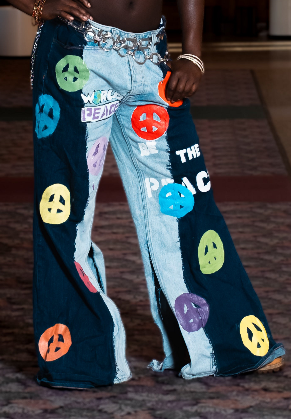 “World Peace” Upcycled Painted Denim Jeans